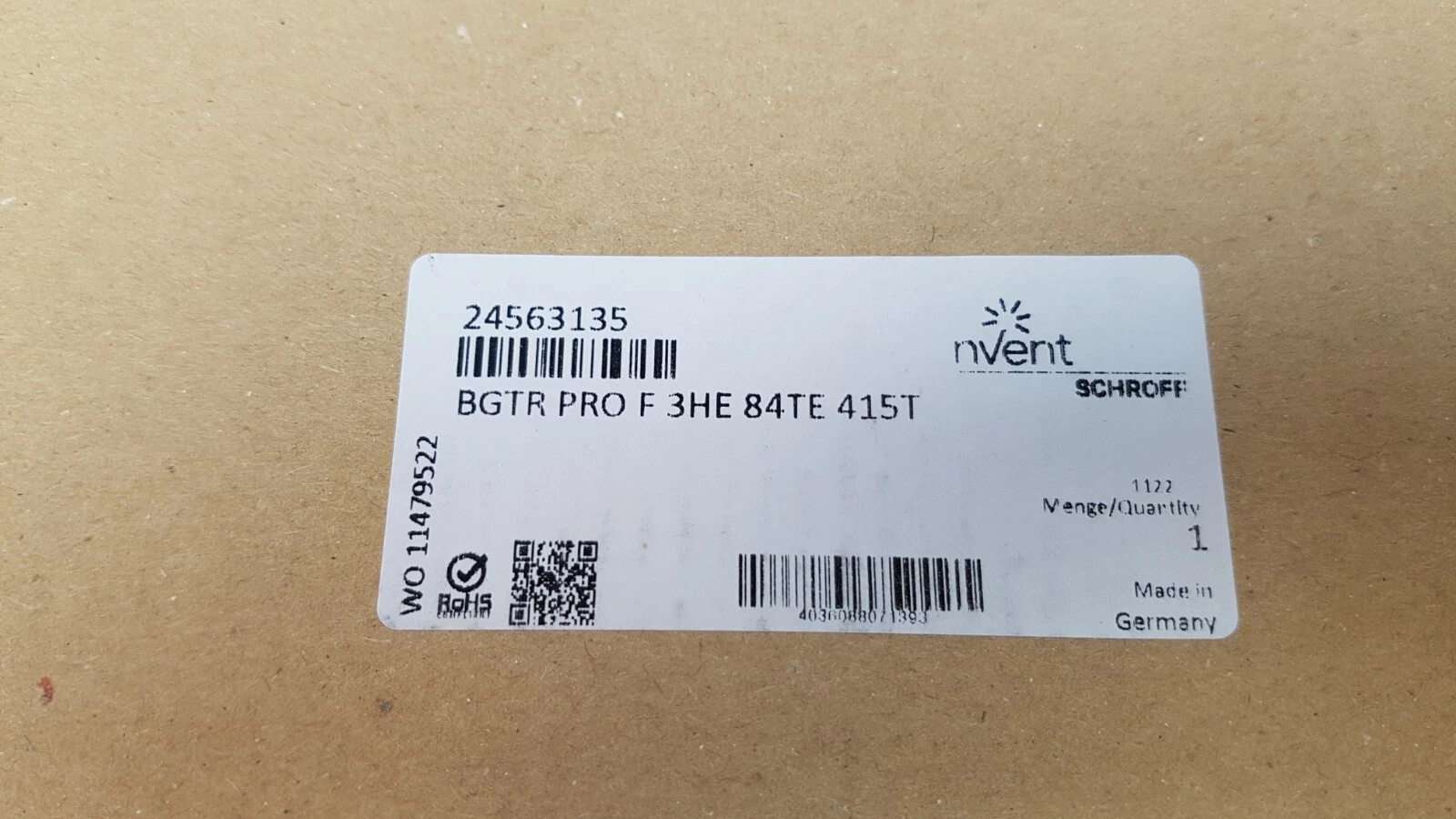 nVent Schroff box label 24563135 BGTR PRO F 3HE 84TE 415T, made in Germany