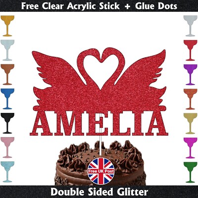 Personalised Swan Theme Happy Birthday Glitter Cake Topper With Any Name Decor