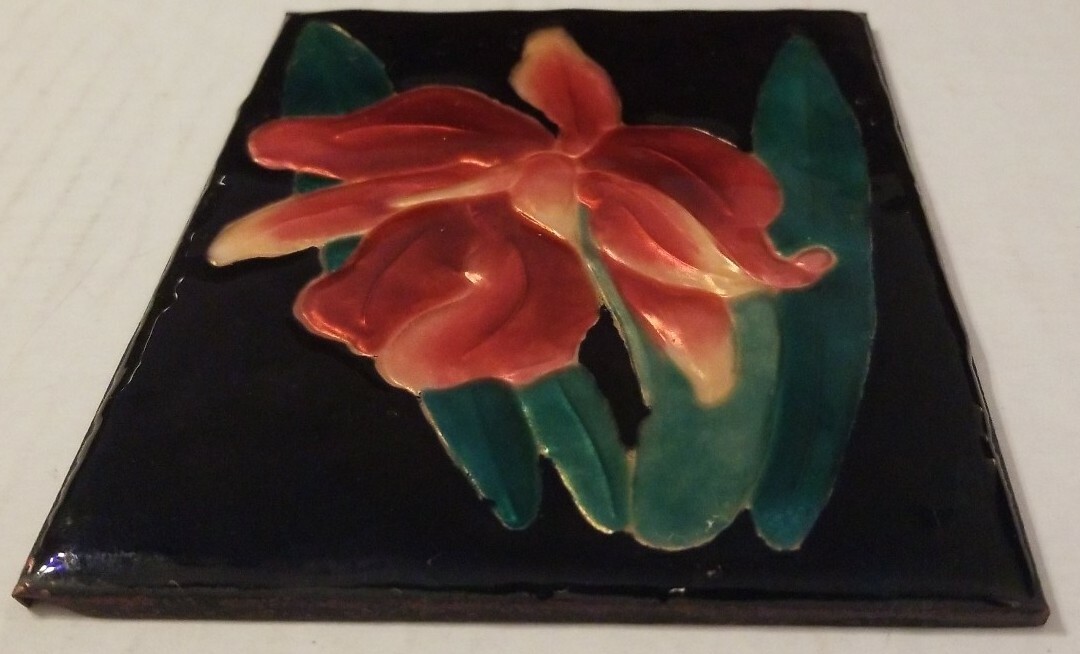 Vintage Metal & Enamel Black & Red Floral Decorative Tile eBay