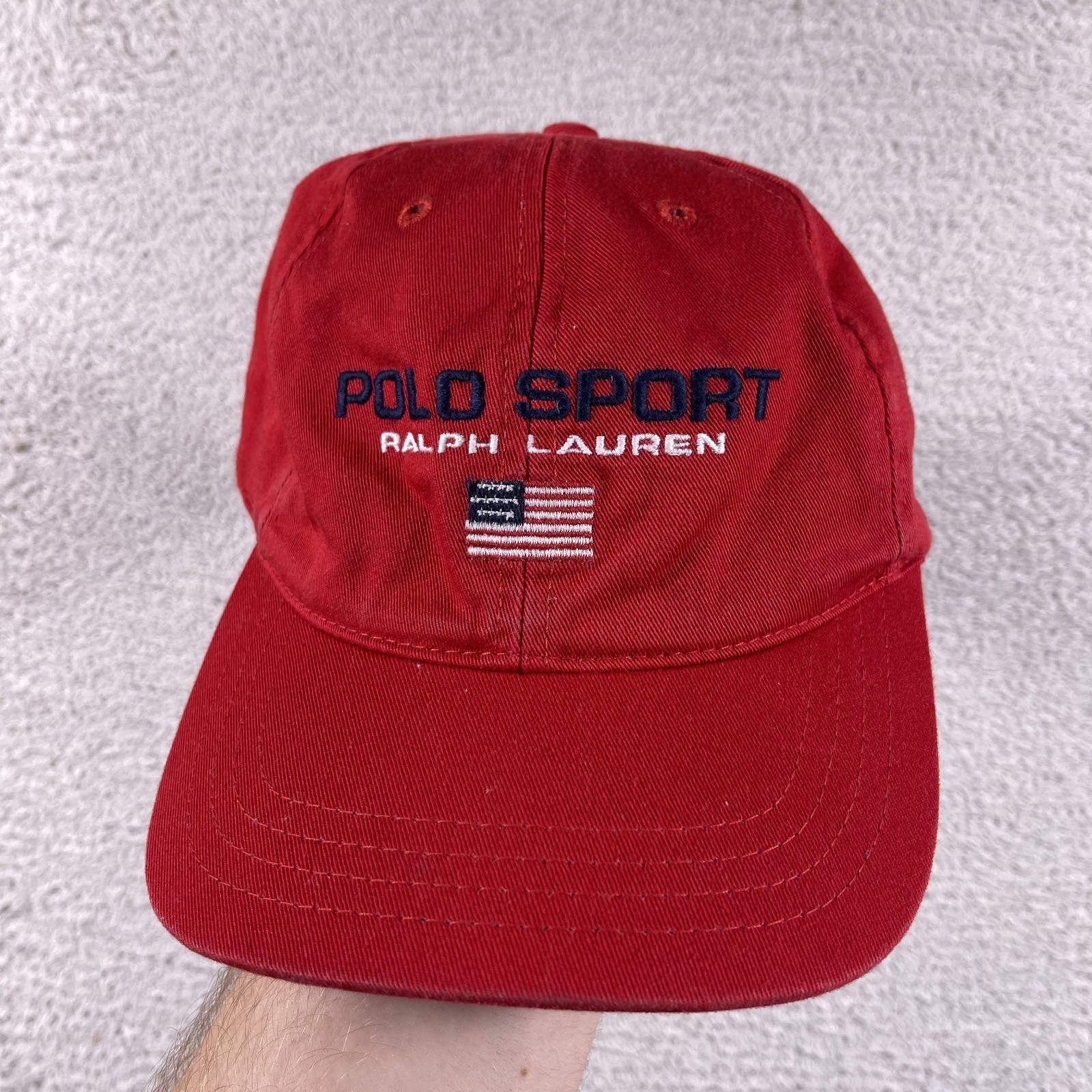 Vintage Polo Sport Hat Cap Strapback Red USA American Flag Ralph Lauren 90