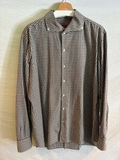 Crisp Isaia Button Down Shirt Brown White Navy Gingham Check 17.5 44 Italy