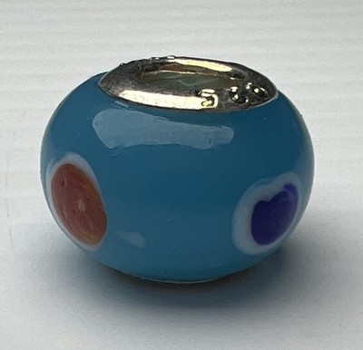 925 Sterling Silver Murano Glass Bead European Lampwork Slide Charm Blue Red Dot