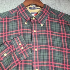 Vintage Tommy Hilfiger Flannel Shirt Mens Large Red Green Plaid Button Up Crest