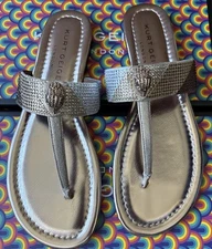 KURT GEIGER LONDON KENSINGTON T-BAR SANDAL GOLD COMB FABRIC/STONE SIZE-9 New