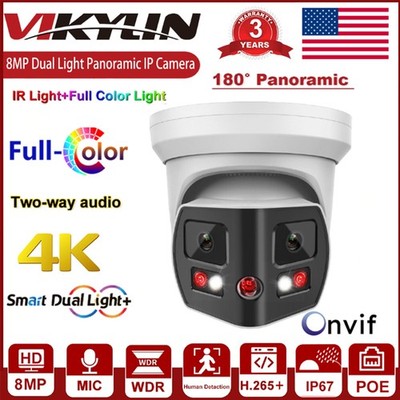 Vikylin 4K 8MP POE IP Camera Dual Lens 180° View 2-Way Audio Color Night Vision
