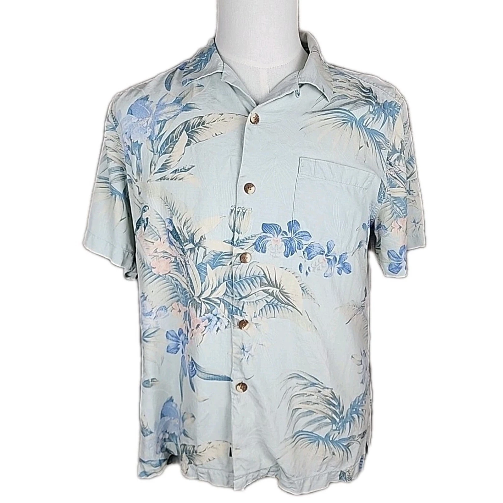 TOMMY BAHAMA SILK CAMP SHIRT SZ M BLUE GREEN FLORAL PALM HAWAII ALOHA