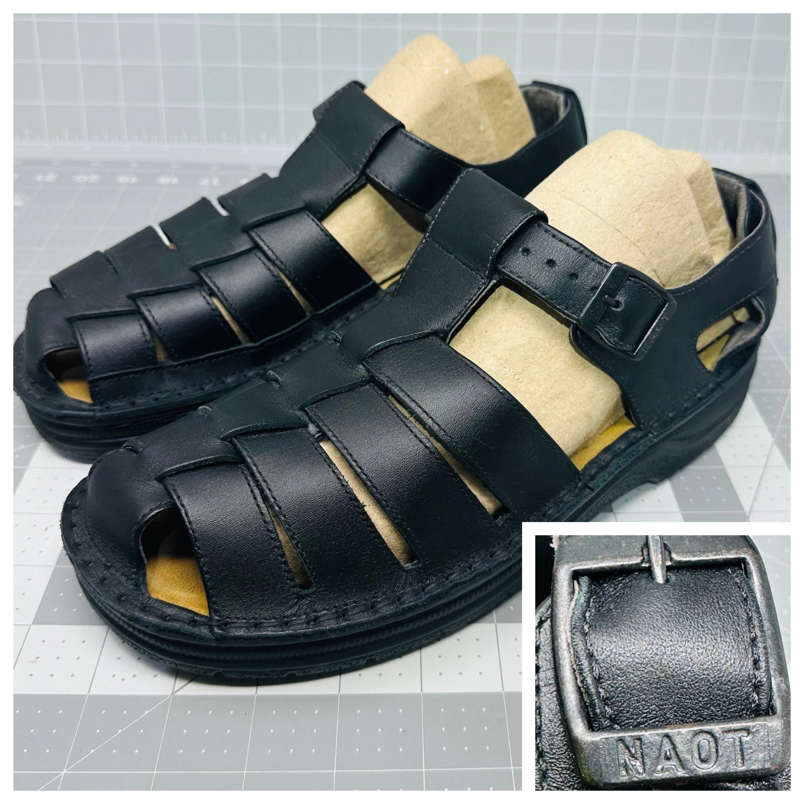 NAOT Mens Black Leather Julius Fisherman Sandals Buckle Strap Comfort Size US 10