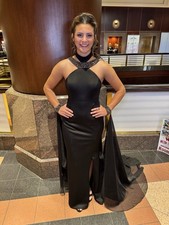 Black Satin Beaded Formal Gown High Neck Sheer Train Side Slit Sleeveless