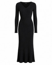 Quince Cotton Cashmere Ribbed Midi Dress XS Black Long Sleeve V Neck Belted