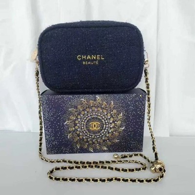 新品☆CHANEL MAKEUPノベルティ☆ゴールドチェーンウォレット CHANEL Beauty Holiday Pouch Navy Tweed + added Gold Chain Camellia