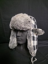 Plaid Trapper Hat Men Women Faux Fur Aviator Bomber Cap Winter Hat W/Flap black