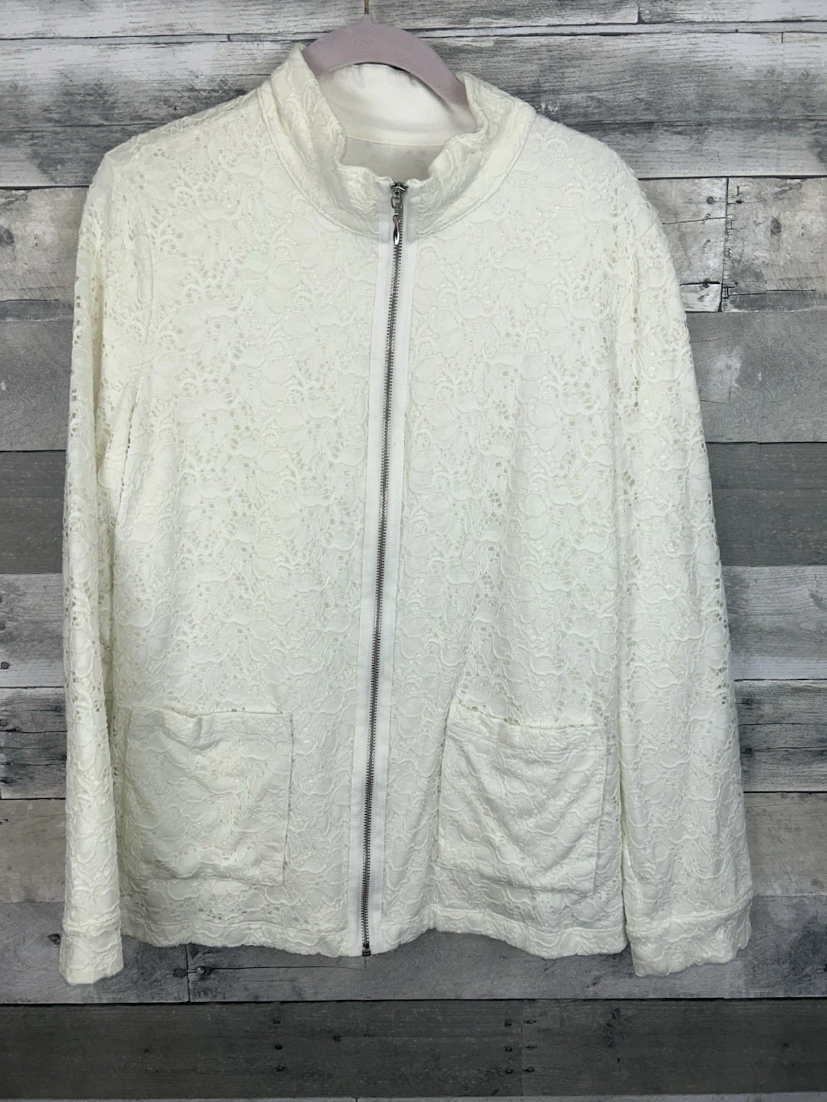 OFF WHITE Giacca donna Denim & Co media bianco sporco con zip e pizzo