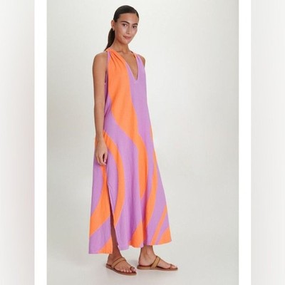 August Maxi Dress Resortwear Sleeveless Halter Lavendar Orange Size Medium Beach