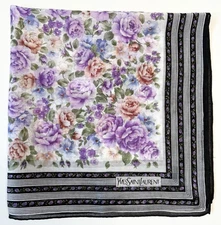 YSL Yves Saint Laurent Scarf Purple Floral w/ Black Striped Border Vintage