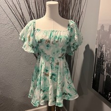 NWT SKY TO MOON GREEN AND WHITE PUFF SLEEVE FLORAL MINI DRESS SIZE SMALL