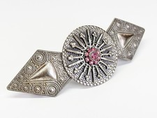 Vintage Pink Rhinestone Hair Clip Silvertone France Chunky 1960s Retro Geometric