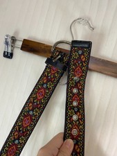 Vintage Floral Tapestry Belt Boho Hippie Folk Art Woven Fabric Leather Trim