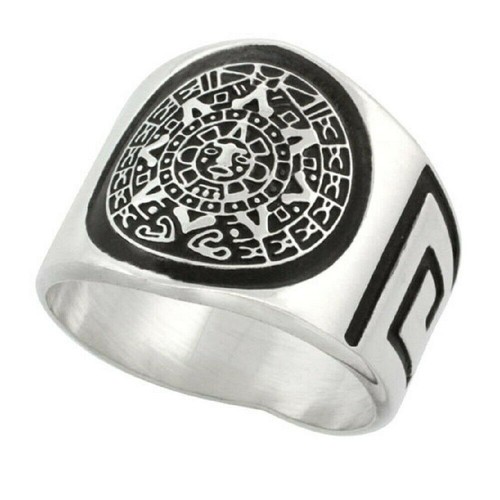 Anillo de esterlina calendario azteca con lados de patrón clave griega | eBay