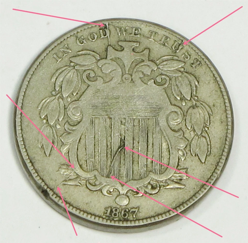 Error 1867 5c Nickel Die Break Die Cracks Defectne Planchet Uncirculated (K52) - Image 2 of 4