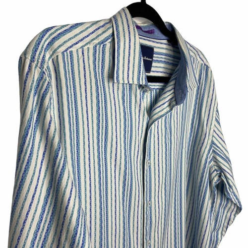 Tommy Bahama Mens Large Geometric Striped Long Sleeve Button Down Cotton Shirt - Picture 5 of 7