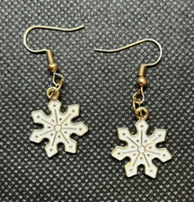 White Snowflake Christmas Holiday Dangle Earrings Stainless Steel