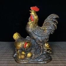 9.4" Antigua China Talla Fina Color Dorado Pintura Pollo Estatua