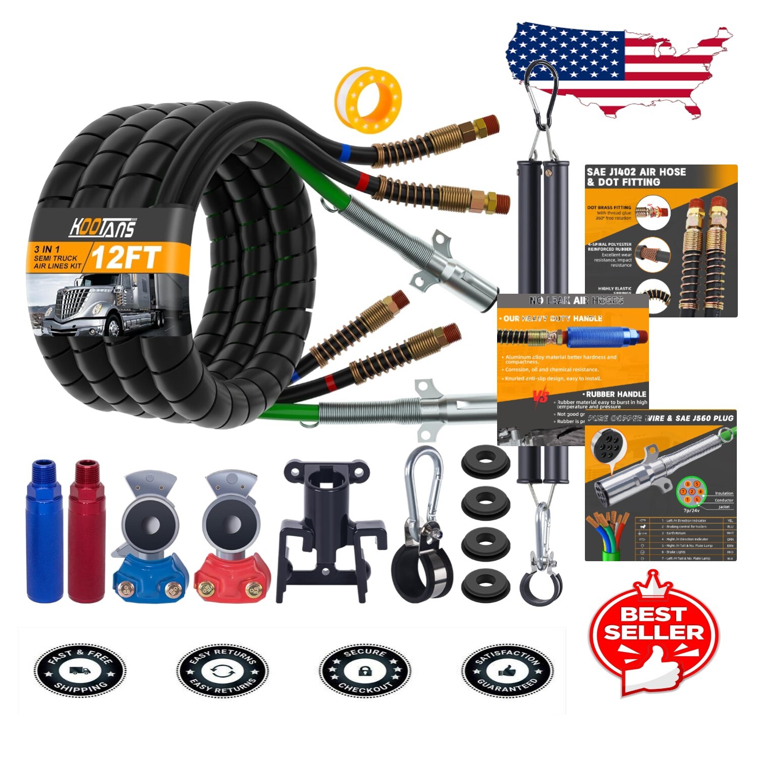 12FT Heavy-Duty Air Line Kit for Semi Trucks with Copper Trailer Cord & Accessories-image