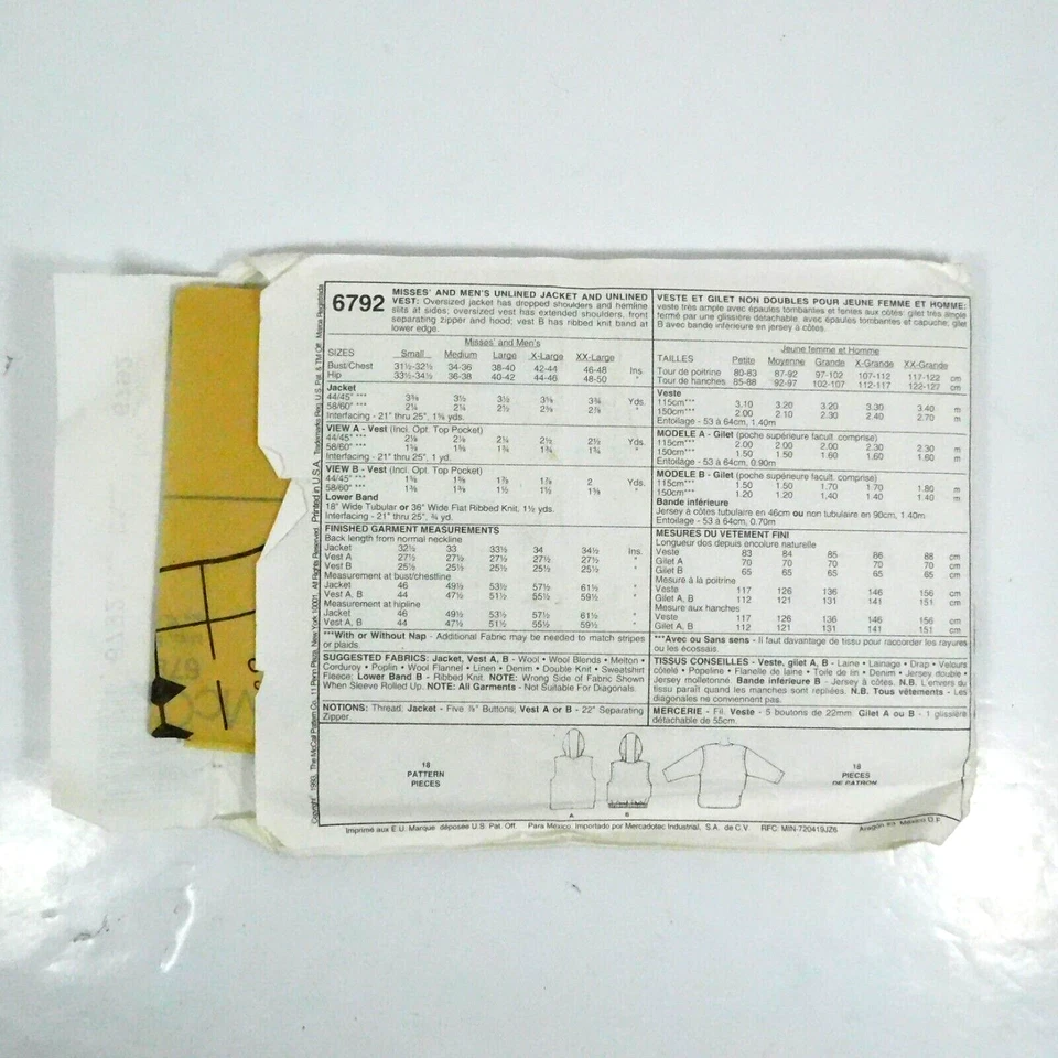 McCalls 6792 Unisex Unlined Jacket Vest Sewing Pattern Size XL Uncut Hood Zipper - Image 3 of 4