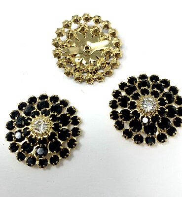 3pc Swarovski Jet Black Crystal Buttons Rhinestone Findings 24mm Round Gold