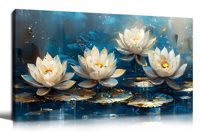 Large Canvas Wall Art for Living Room Bedroom Home Office Blue White Lotus Fl...
