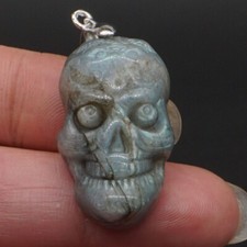 1.2" Skull Head Statue Natural Labradorite Pendant Carved Stone Necklace Jewelry