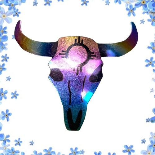 Vintage Bull Steer Scull eloxiert Regenbogen Western Cowboy Brosche Anstecknadel Sonne