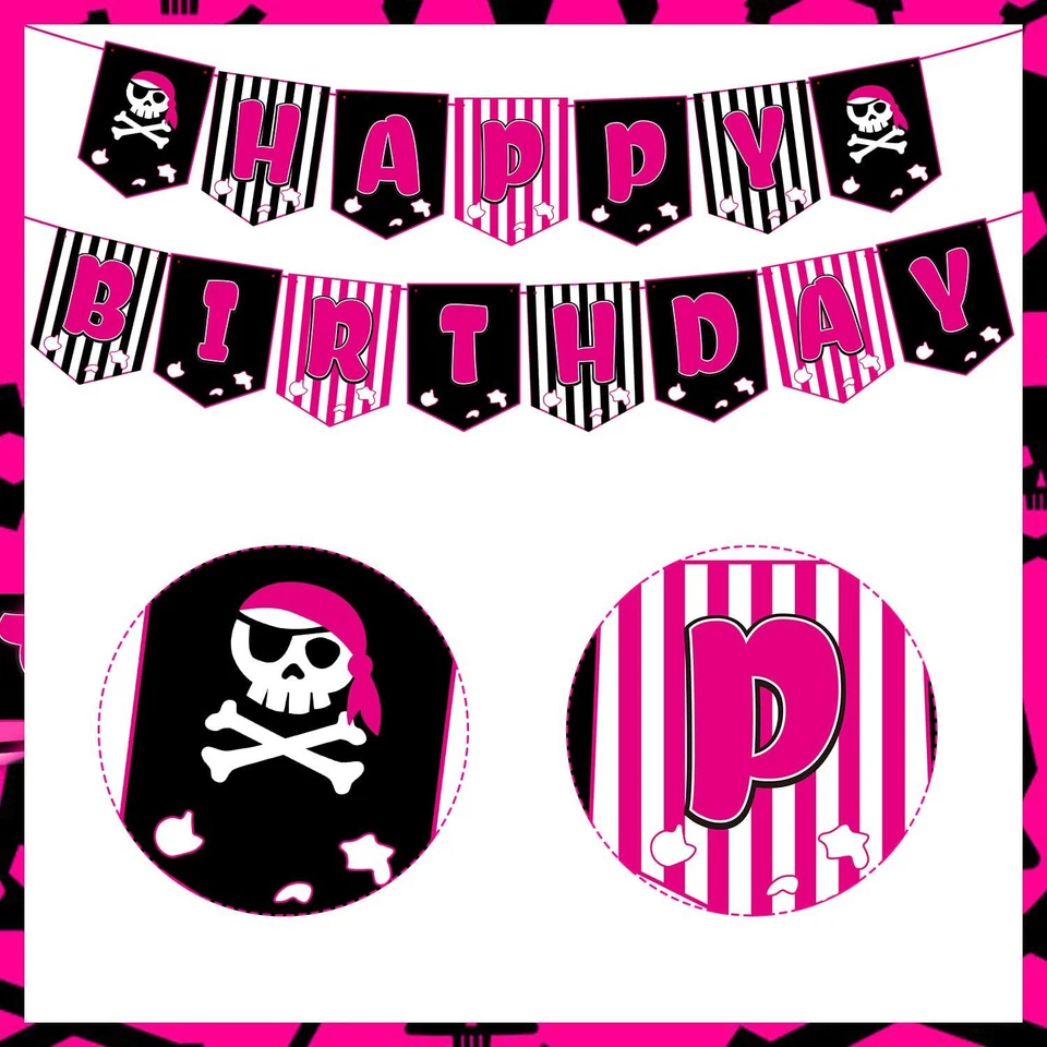 51 Piezas Decoraciones de Fiesta de Cumpleaños Pirata para Niña Rosa Caliente y Negro Pirata Ha... Foto 3 de 4
