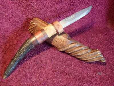 UNCOMMON HORN + WOOD HANDLE & UNIQUE WOOD SHEATH w FROSTS MORA BLADE SWEDEN