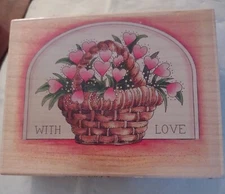 RUBBER STAMP ~ STAMPS HAPPEN ~ #80053 WITH LOVE - BASKET & FLOWERS ~WOOD-MOUNTED