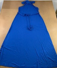 KINGOTS Women's Large Blue Sleeveless Halter Neck Side Split Belted Maxi Dress