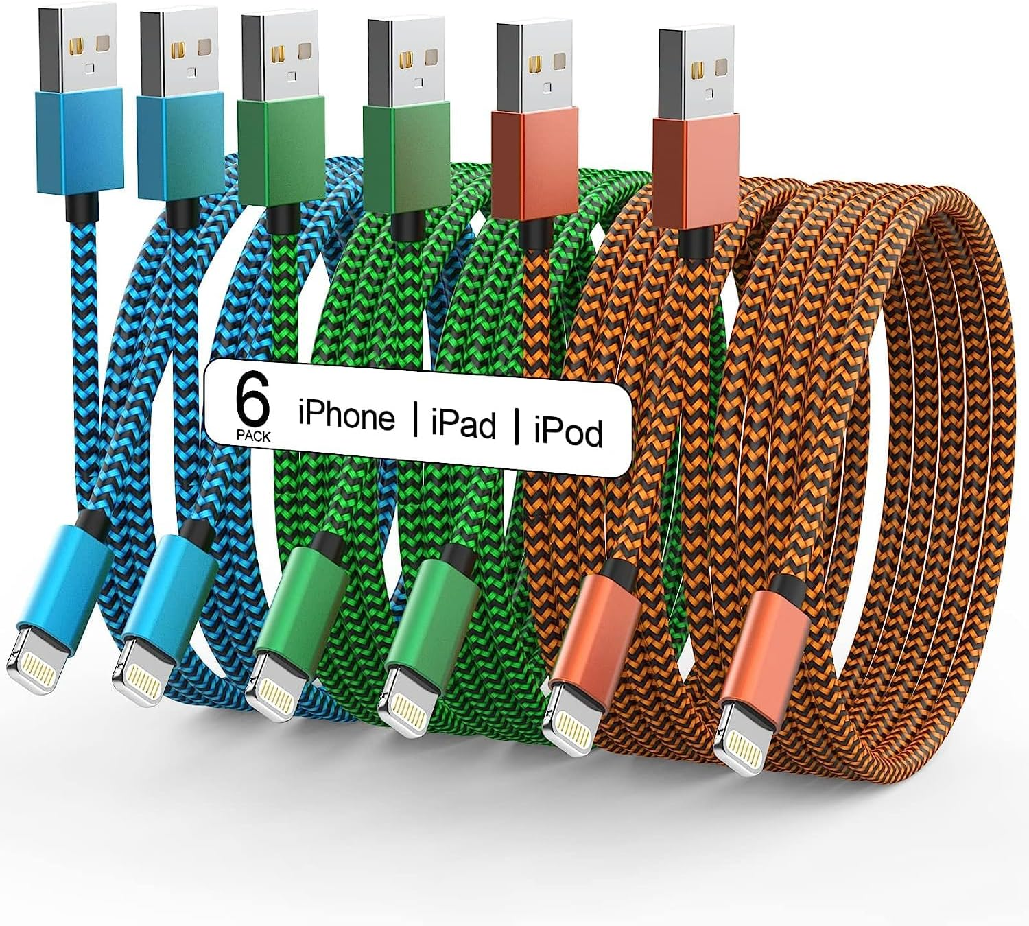 Apple Mfi Certified Iphone Charger 6Pack - 3/3/6/6/10/10 FT Lightning Cable N...