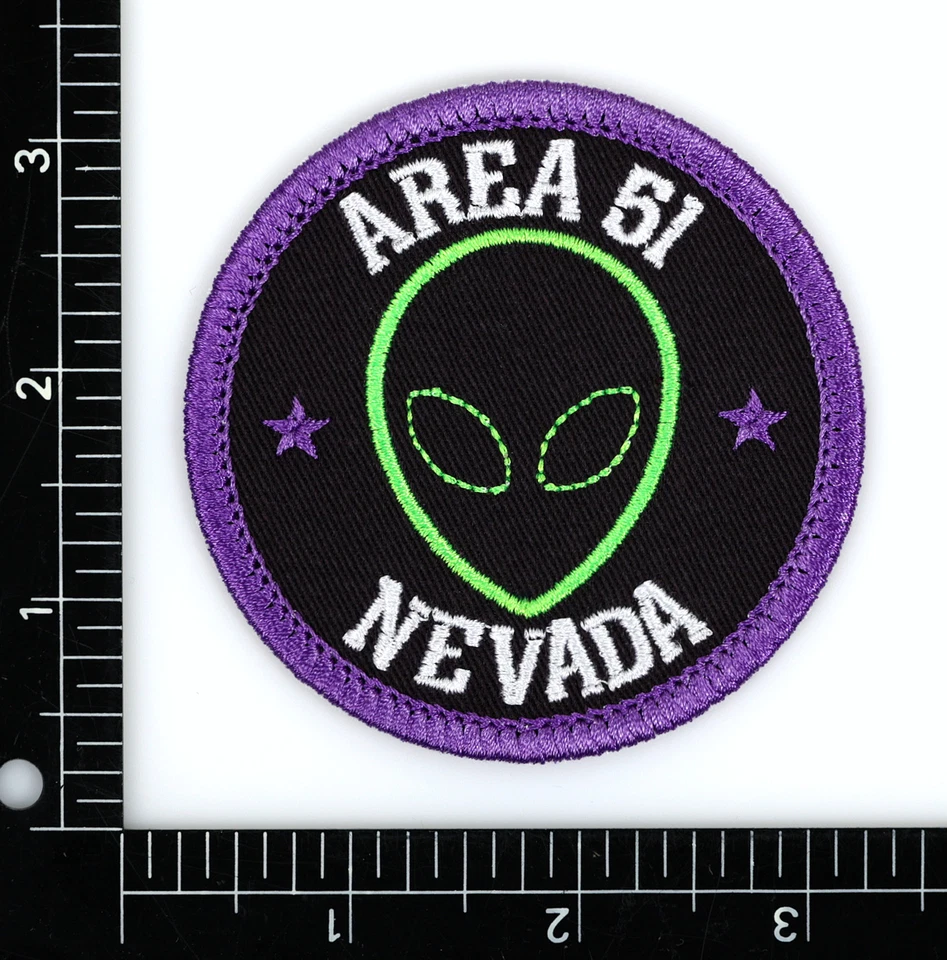 Area 51 Nevada Alien Head Embroidered Patch Black/Purple Iron-On Sew-On Hat Bag - Image 2 of 2