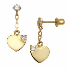 14K Yellow Gold High Polished Baby Girl Heart Dangle Stud Earrings Screw Back
