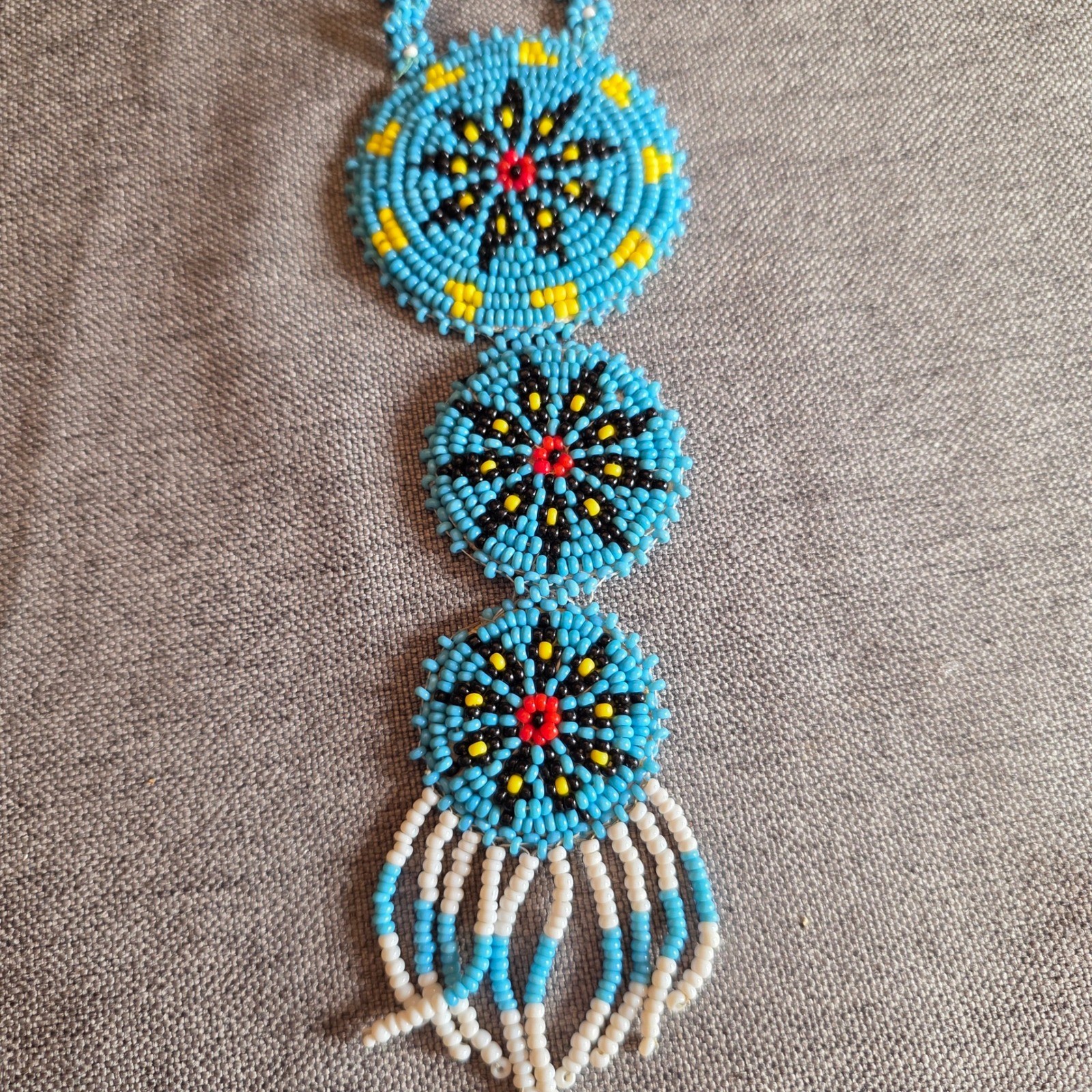 VTG Native American Triple Medallion Seed Bead Necklace Turquoise Southwest Boho