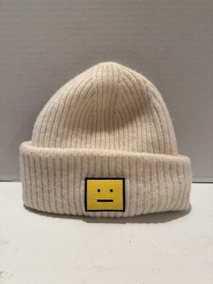 Acne Studios Beanie Smile Face Knit Logo Hat Cream White 100% Wool One Size