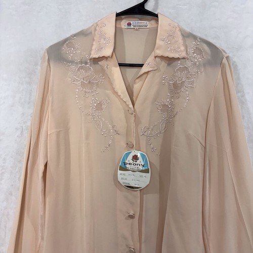 VTG Peony Floral Hand Embroidered 100% Silk Lace Blouse Women 36 Dead Stock NEW - Picture 2 of 14