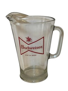 Vintage 1970's BUDWEISER KING OF BEERS Beer BOWTIE 9" Tall 56 oz GLASS Pitcher