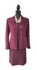 St John Collection Sz 8 Marie Gray Suit Dress Jacket Burgundy Gold Beaded Trim M
