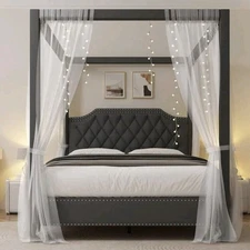 Upholstered Gray Canopy Bed-Full