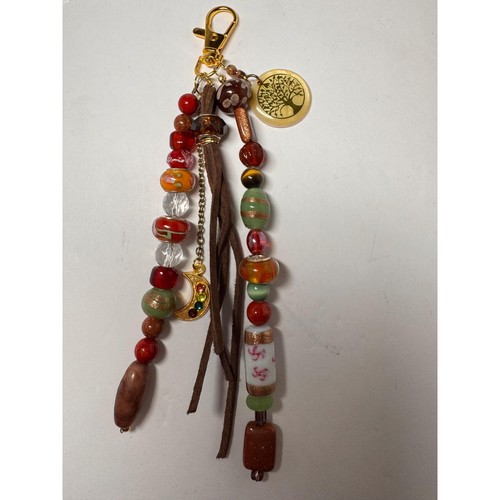 Boho Beaded Bag Purse Charm reds & brown colors gold tone Gift