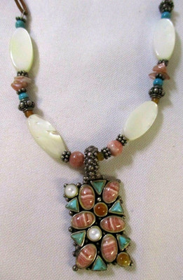 BARSE TURQUOISE GEMSTONE PEARL INLAY PENDANT NECKLACE ~ SIGNED