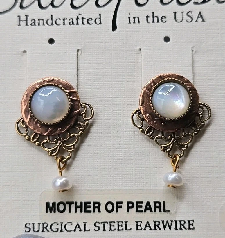 Silver Forest Earrings Mother Of Pearl Post & Pearl Dangle Beads Bronze Filagree - Image 2 of 4