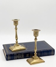 Pair of Vintage Solid Brass Candlestick Holders Traditional Square Base 12.5cm
