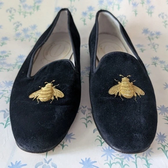 Zapatilla de terciopelo Stubbs and Wootton Gee Noir 9,5 negro dorado abeja mocasines Foto 3 de 4